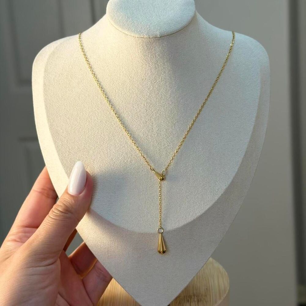 18K Gold Plated Stainless Steel Y Drop Lariat Necklace + Jewelry Pouch